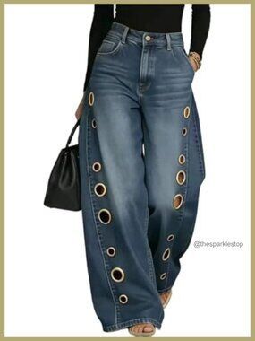 Grommet Eyelet Wide Leg High Waisted Ripped Cut Out Denim Jeans